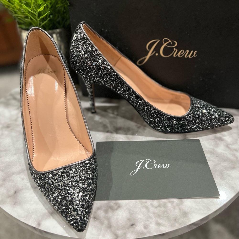 J CREW PUMPS IN GLITTER! 8.5 ELISE IN GUNMETAL. GUC So sparkly!